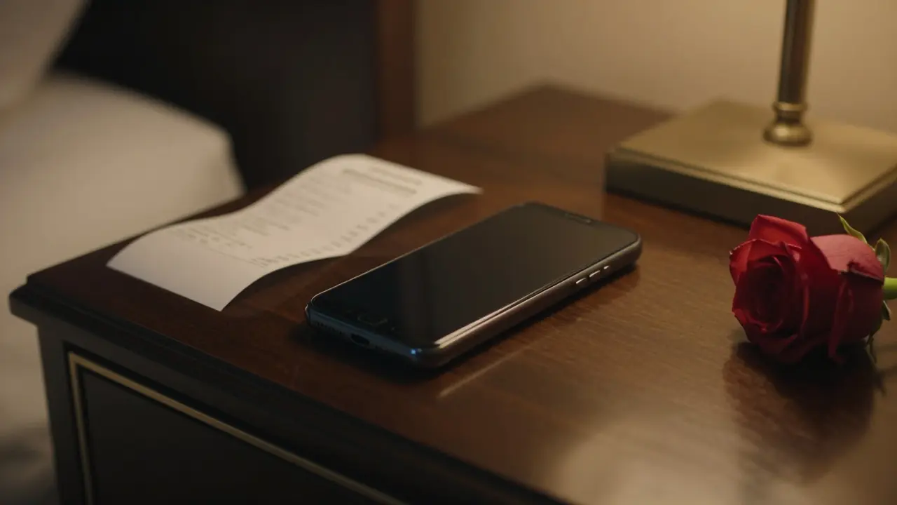 A burner phone and rose on a hotel nightstand, symbolizing privacy and safe arrangements in Dubai.