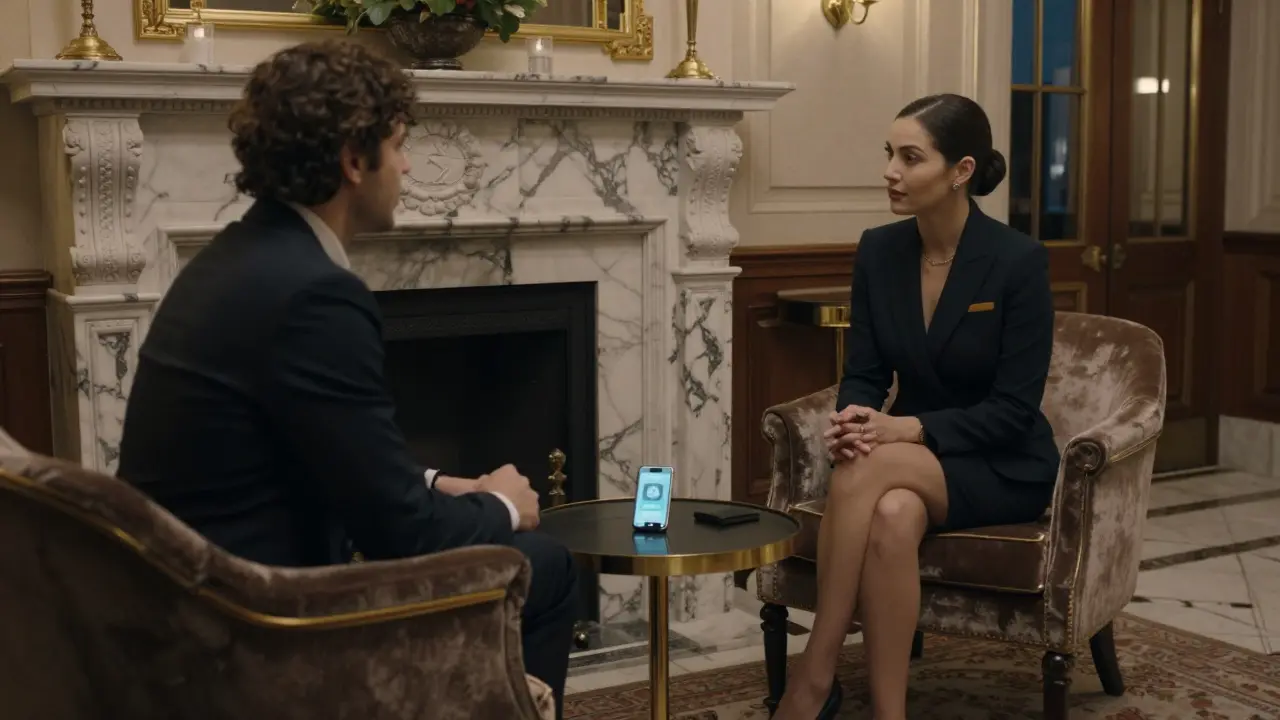 A client and escort meeting safely in the luxurious lobby of a London hotel.