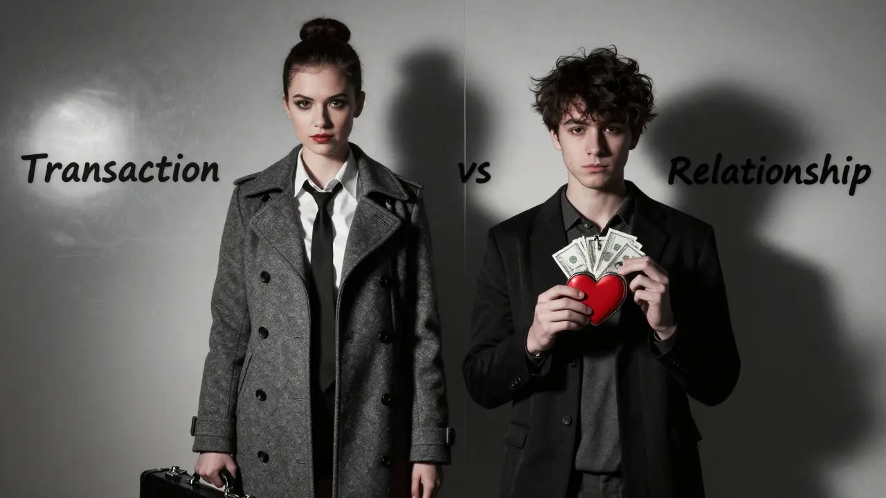 A conceptual split portrait showing transactional time versus emotional financial connection in noir style.