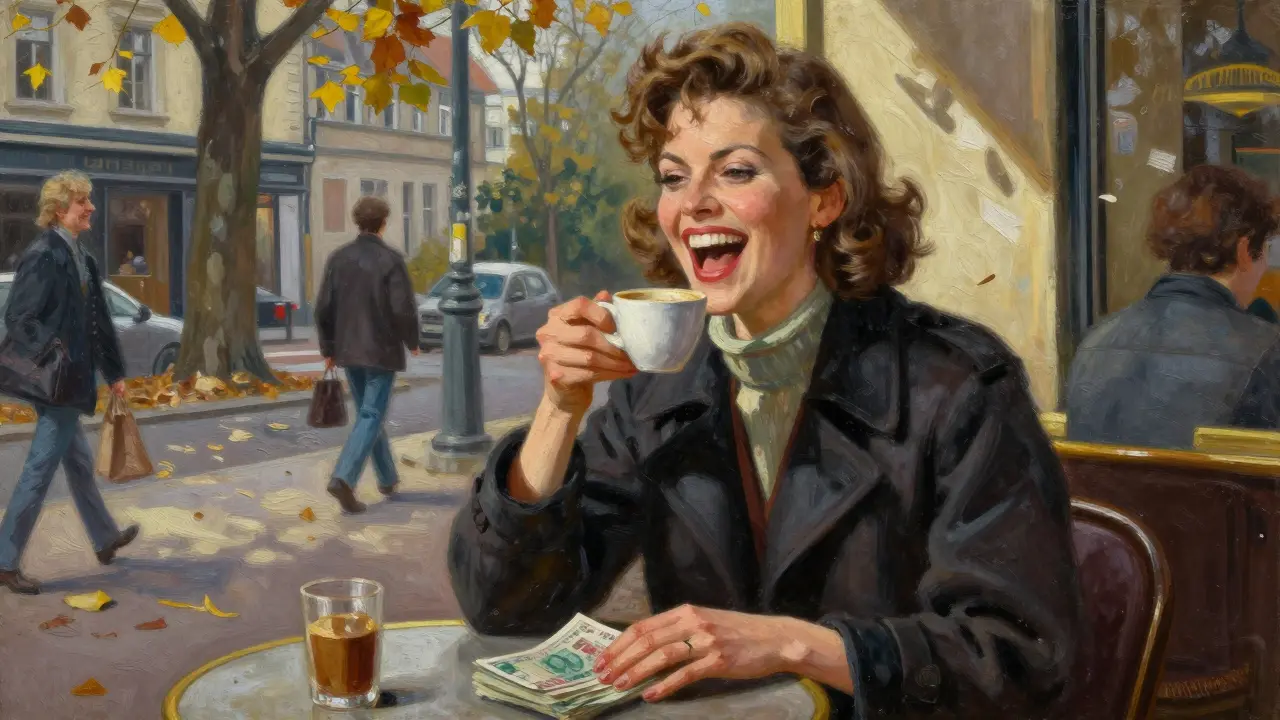 A confident woman laughs over coffee at a 1980s Berlin café, cash on the table, autumn leaves in the background.