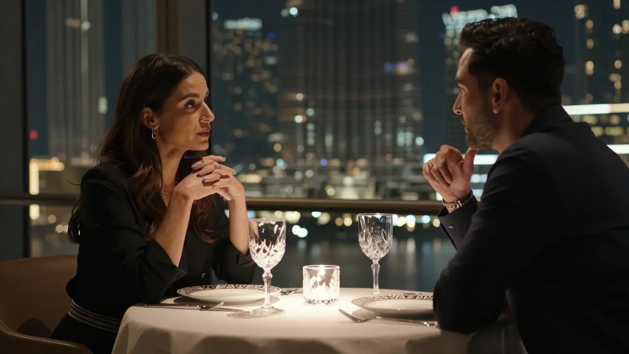 A couple dining elegantly at Armani Hotel with Burj Khalifa glowing in the background.