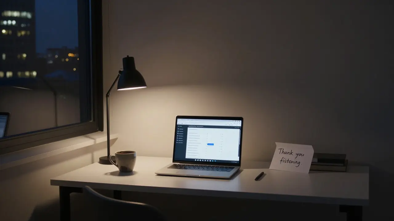 A dimly lit London apartment with a payment app open and a handwritten thank-you note on the desk.