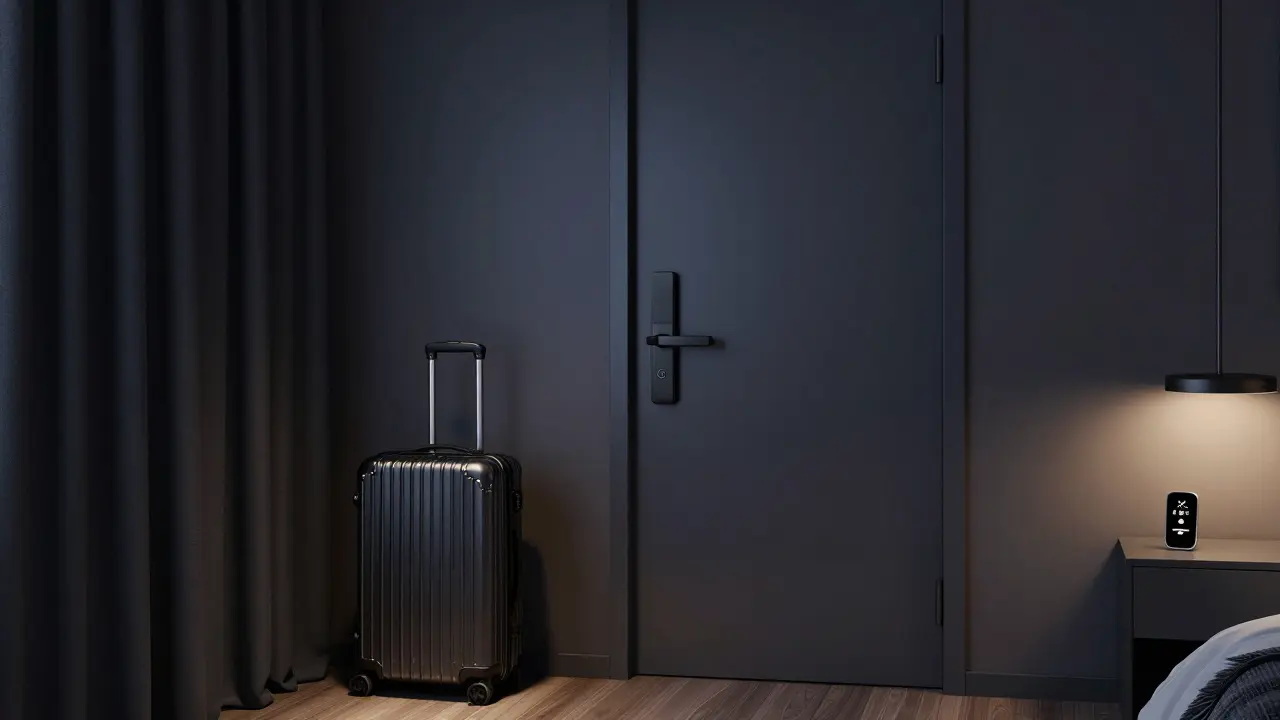 A discreet hotel room with blackout curtains and a digital keycard, no surveillance visible.