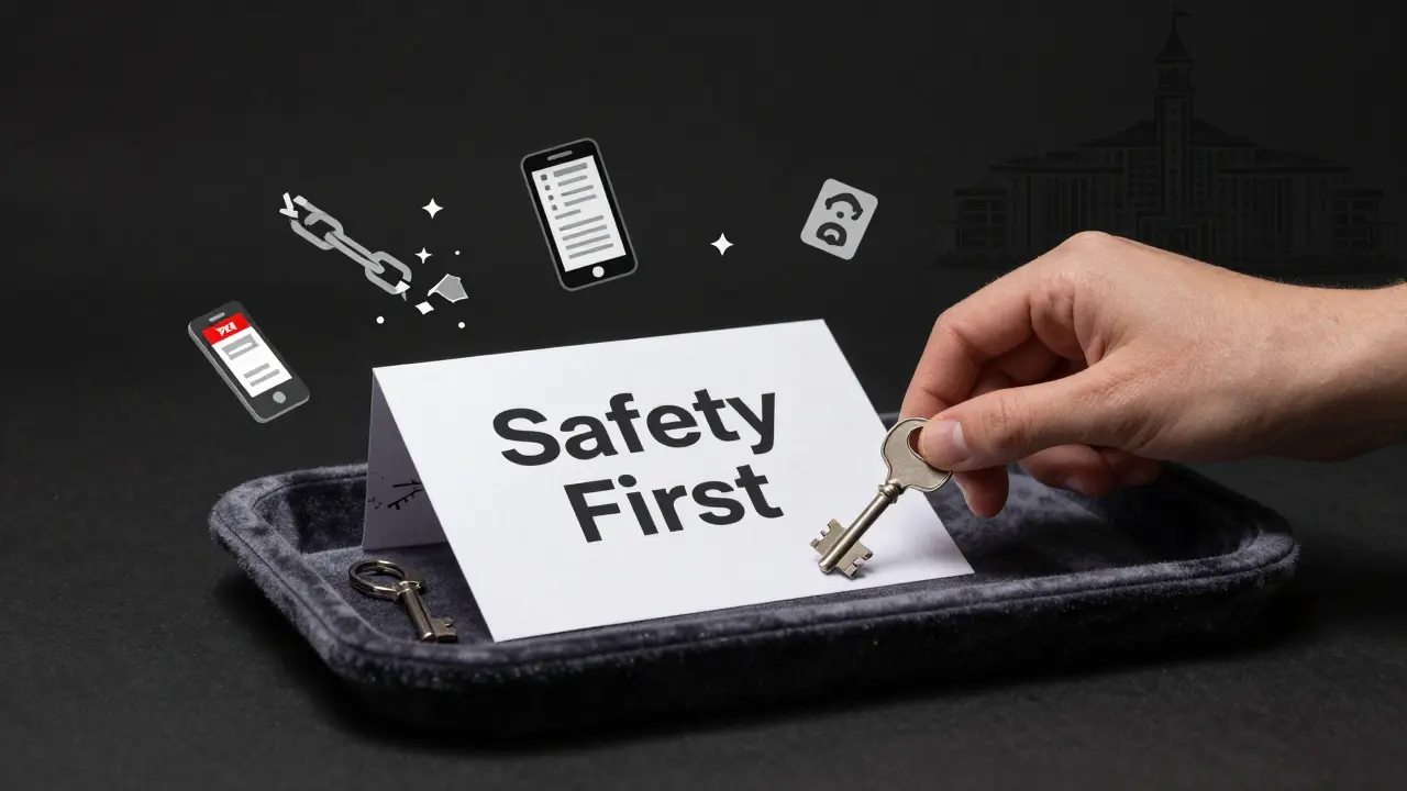 A key on velvet beside a safety note, surrounded by symbolic objects like a broken chain and bank transfer confirmation.