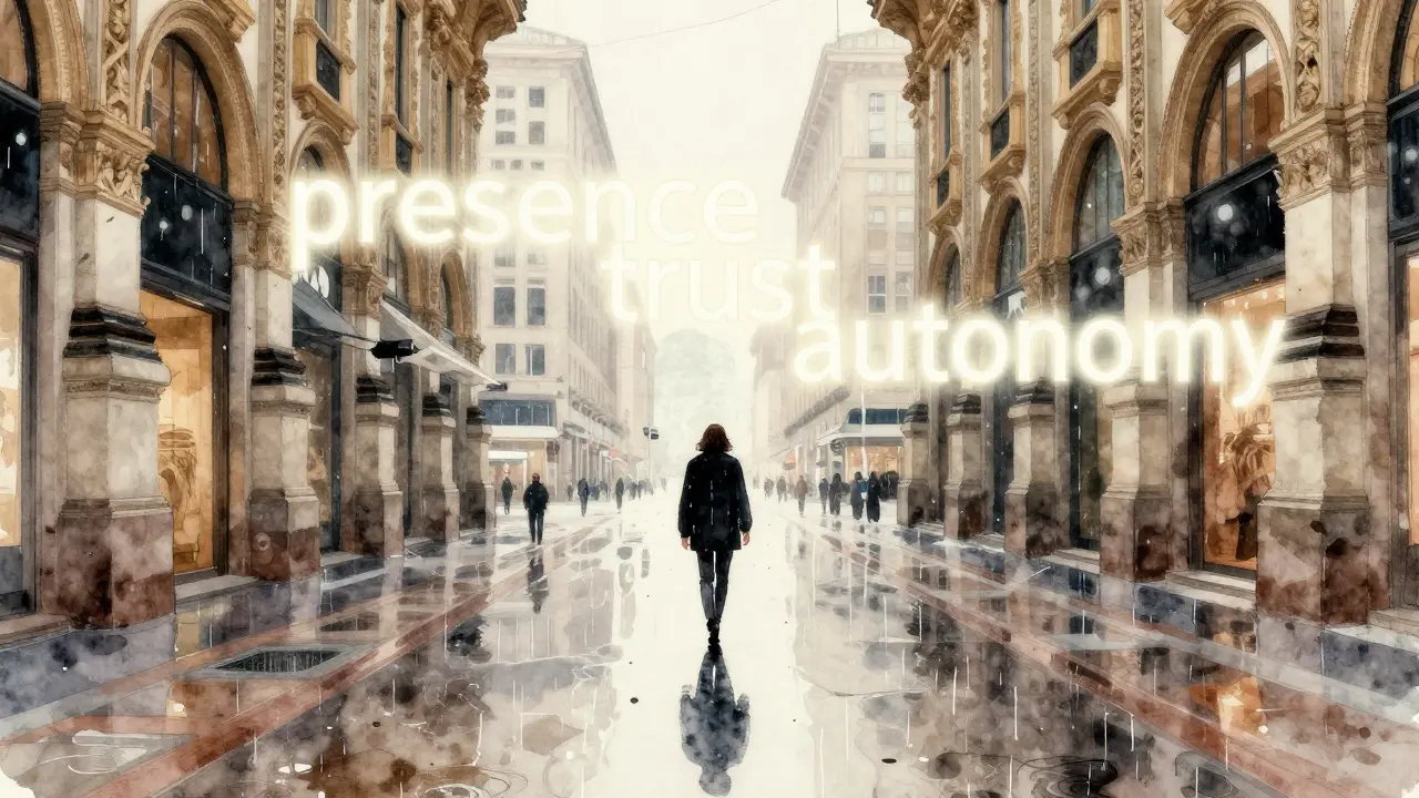 A lone figure walks through a rainy Milan alley, glowing words like 'trust' and 'autonomy' float softly in the air.