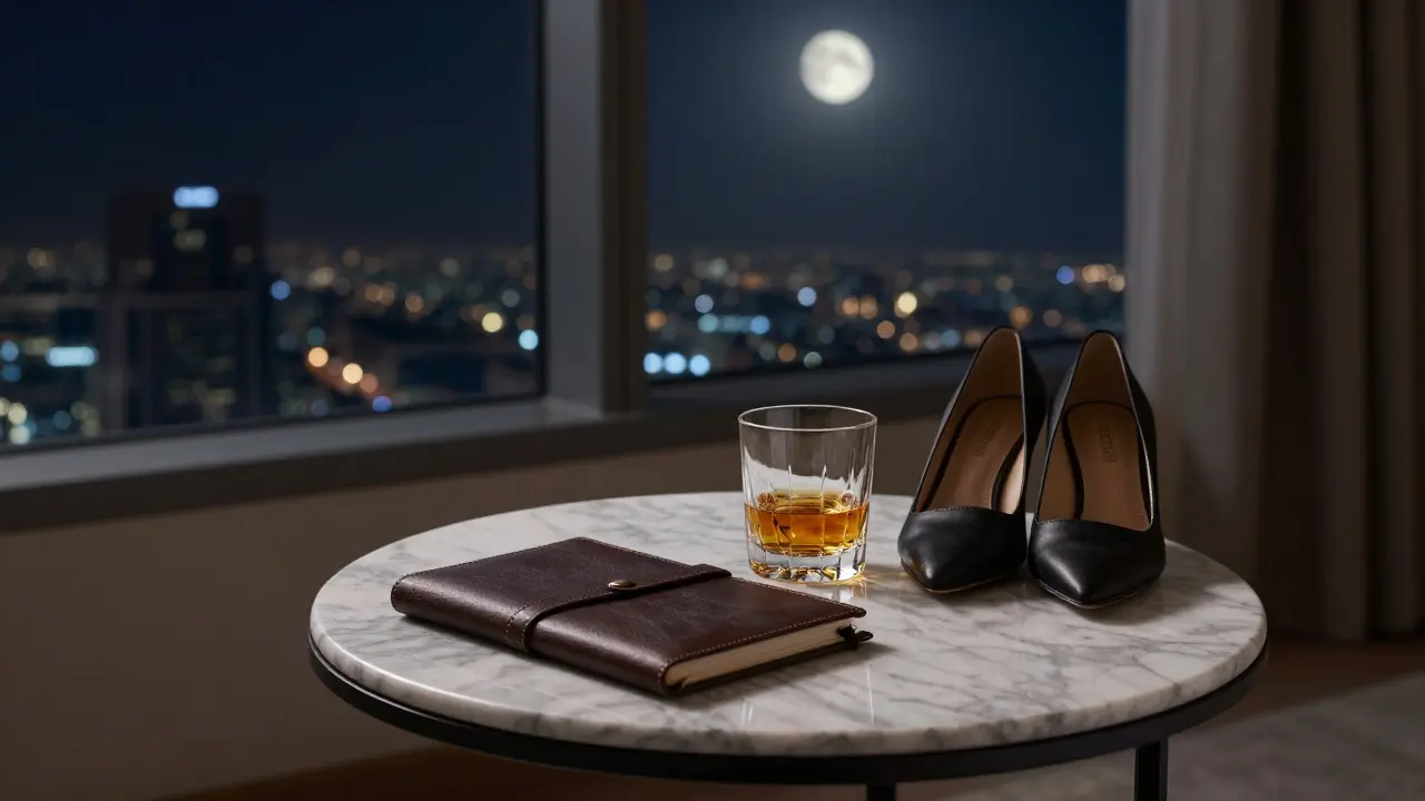 A luxurious hotel suite with whiskey glass and notebook, conveying quiet, discreet companionship.