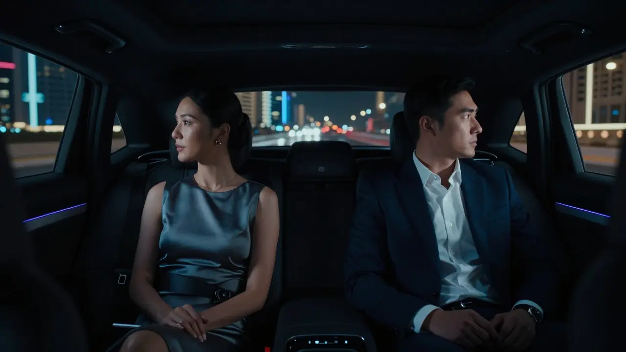 A luxury car at night in Dubai with two passengers seated in back, city lights blurred outside the tinted windows.