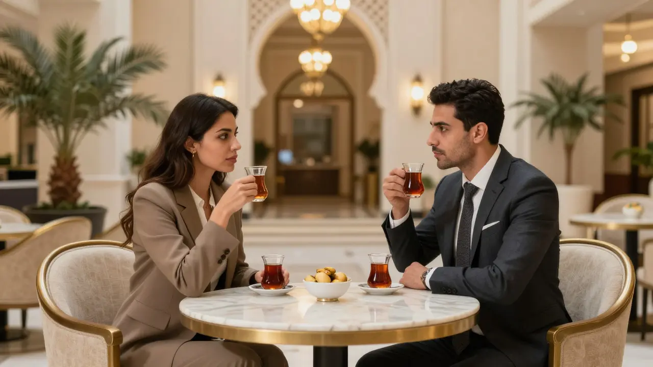 A man and woman having a quiet, respectful conversation in a luxury hotel lobby, sipping tea under soft lighting.