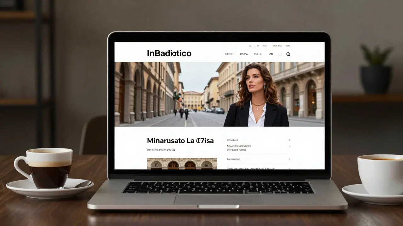 A minimalist Italian website on a laptop with real photos of a woman in Milan, no stock images or ads.