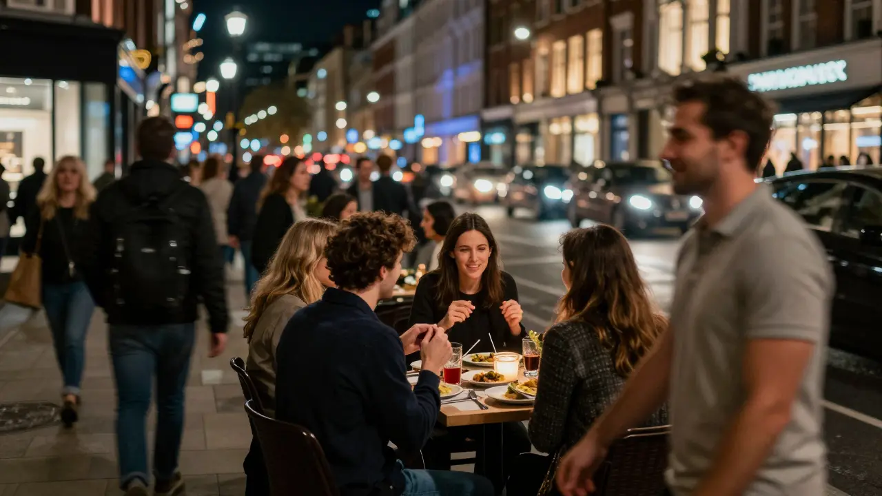 A mirror reflects intimate human connections amid the blur of a busy London street at night.