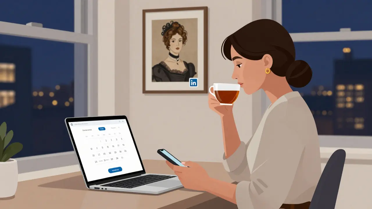 A modern woman works from home with a laptop showing an escort profile, city lights behind her.