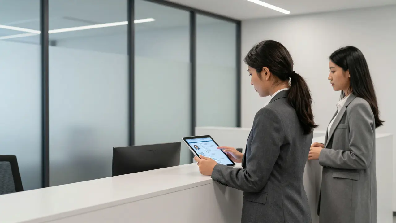 A professional escort agency office with verified client reviews and ID checks, minimalistic and discreet.