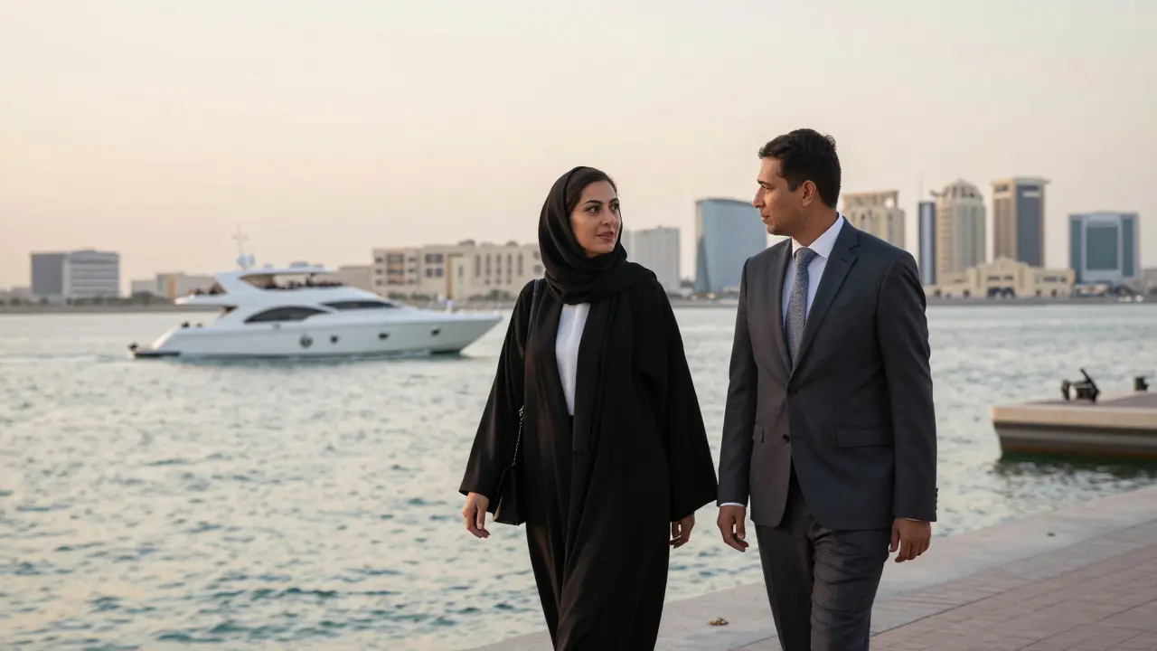 A professionally dressed woman and client walking along Abu Dhabi's Corniche at sunset, engaged in calm conversation.