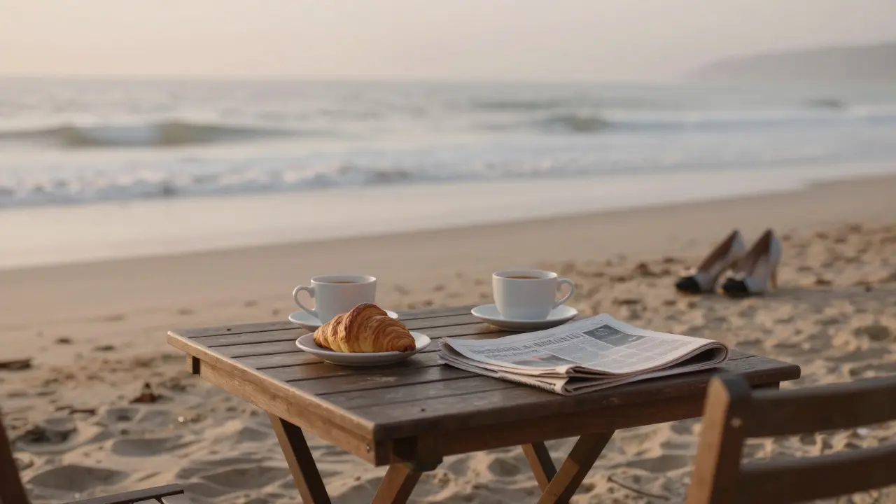 A quiet beachside café at sunrise with coffee cups and a croissant, empty chairs hinting at post-party stillness.