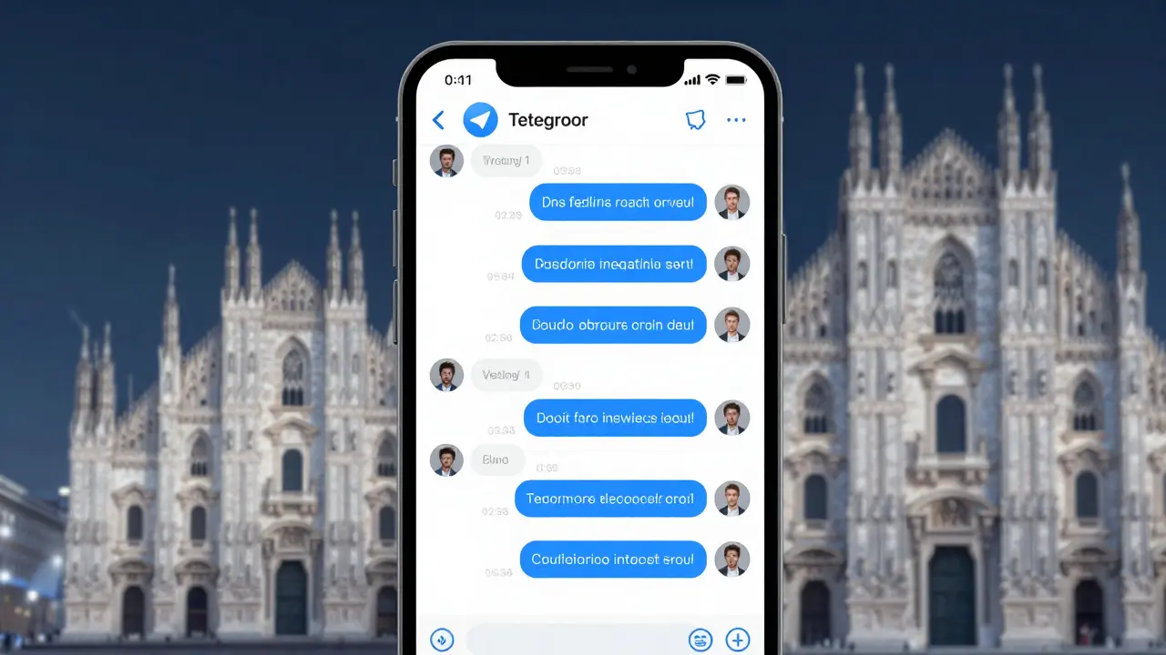 A smartphone displays a private encrypted chat with Milan landmarks faintly visible in the background, symbolizing discreet arrangements.