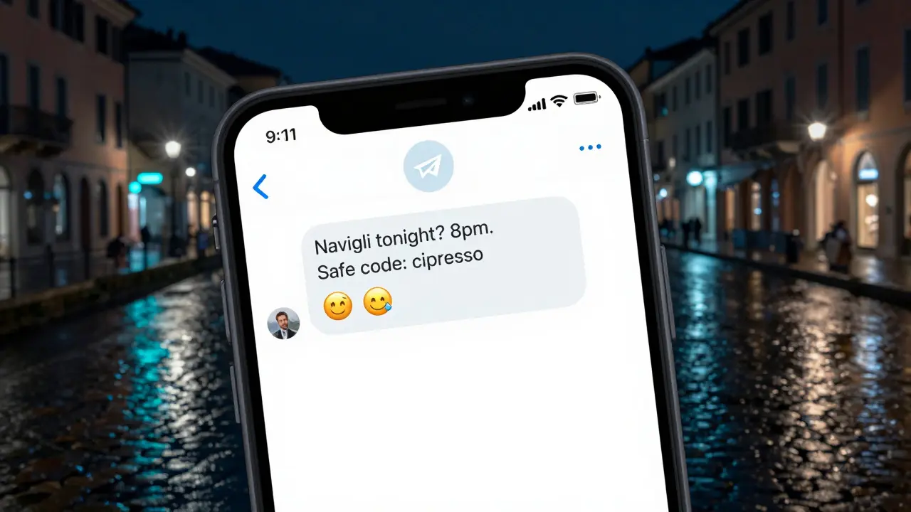 A smartphone screen showing an encrypted chat with discreet meeting details in Milan.
