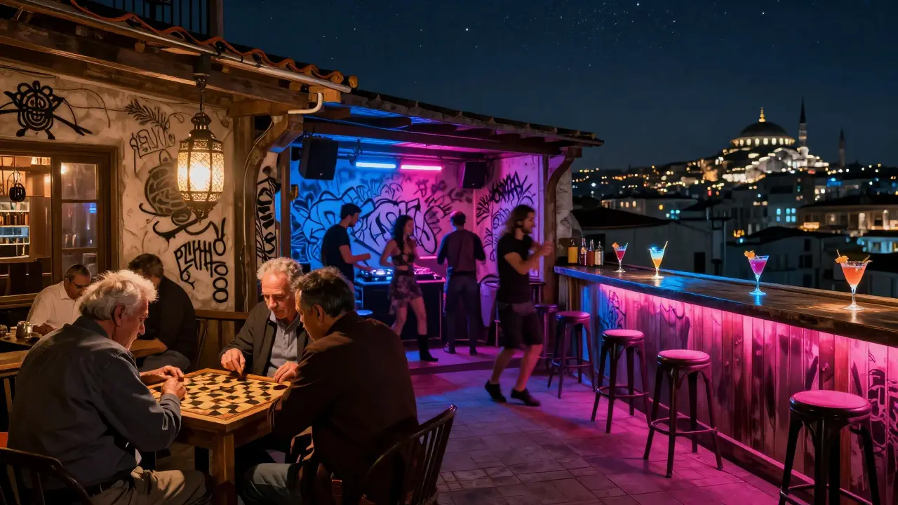 A surreal blend of traditional Turkish tavern, underground club, and rooftop bar all merging into one night scene.
