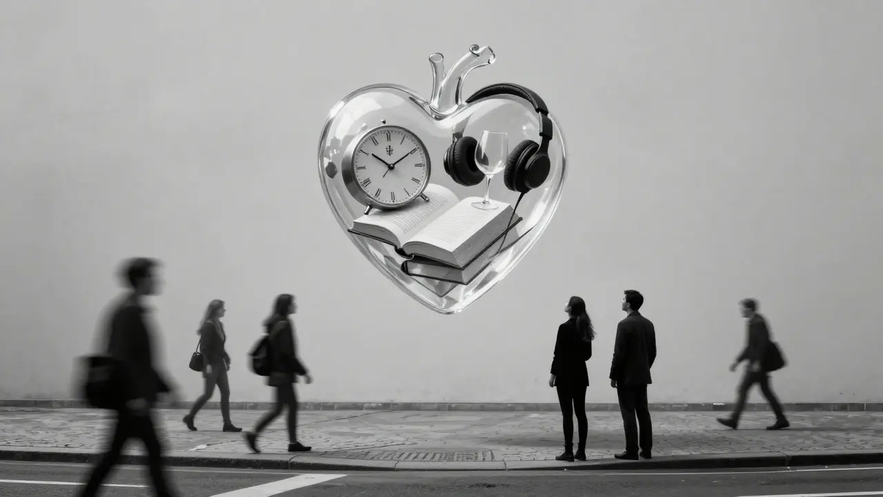 A transparent heart above a Berlin street holds symbols of companionship, surrounded by blurred passersby.