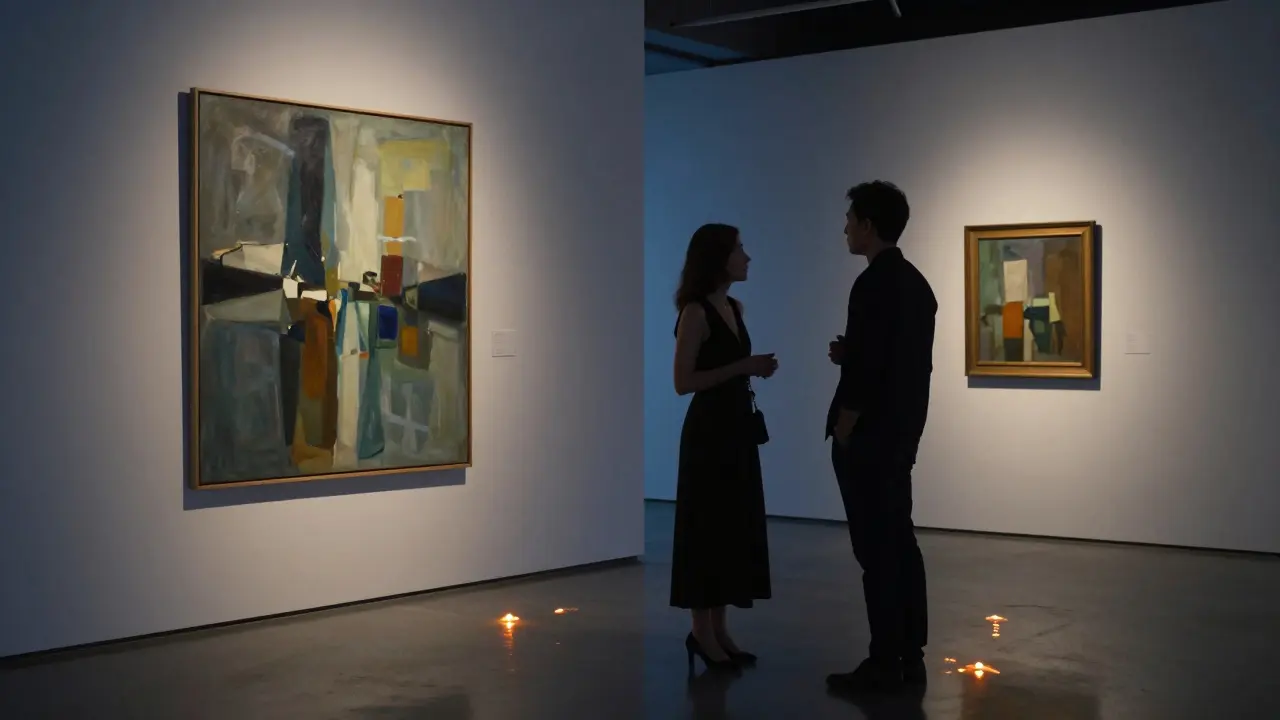 A woman and client engaged in quiet conversation beside an abstract painting in a dimly lit gallery.