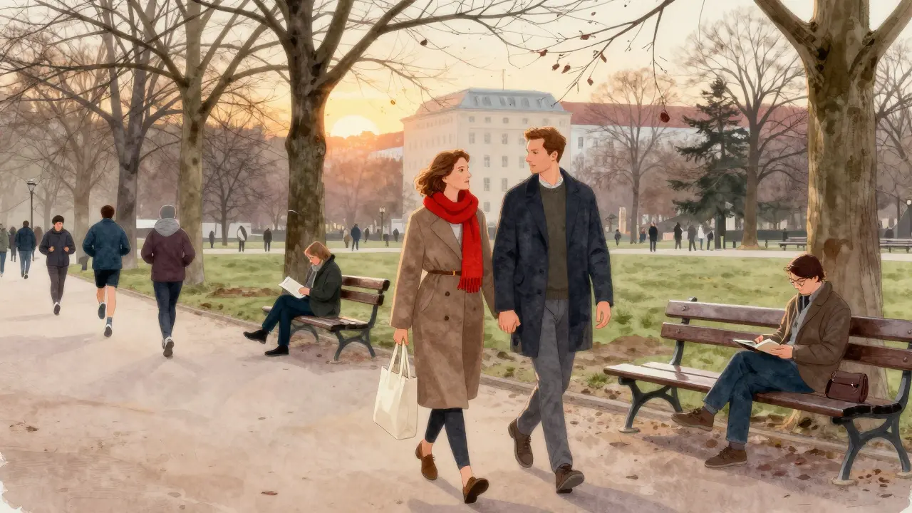 A woman and man walking hand-in-hand through Tiergarten park at sunset, peaceful and unremarkable.