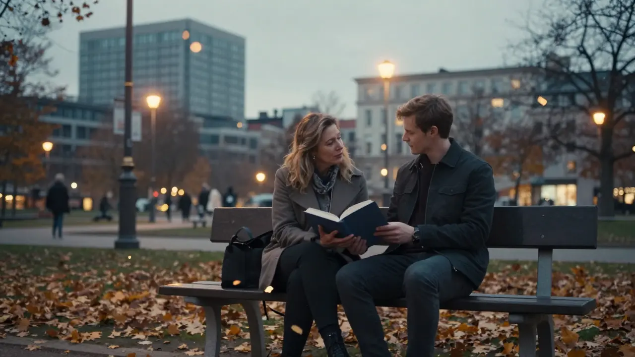 A woman and young man sit together on a park bench in Tiergarten at dusk, sharing a book in quiet connection.