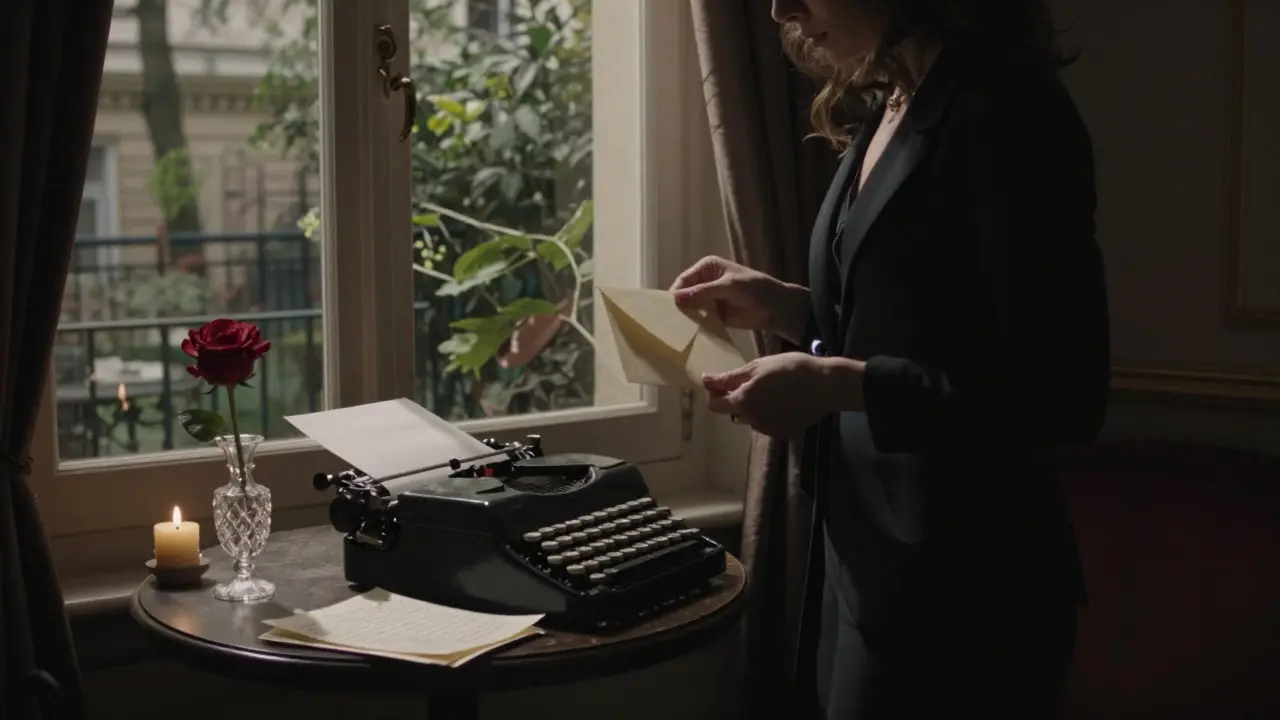 A woman holds an envelope in a dim Paris lounge, surrounded by letters and a single rose, embodying quiet selection.