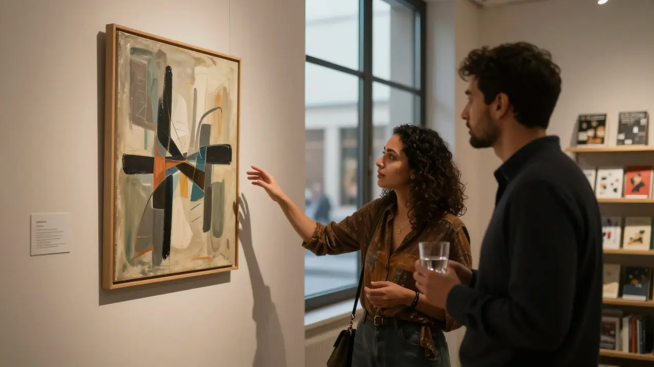 A woman pointing to an art piece in a Dubai gallery while a man listens attentively.