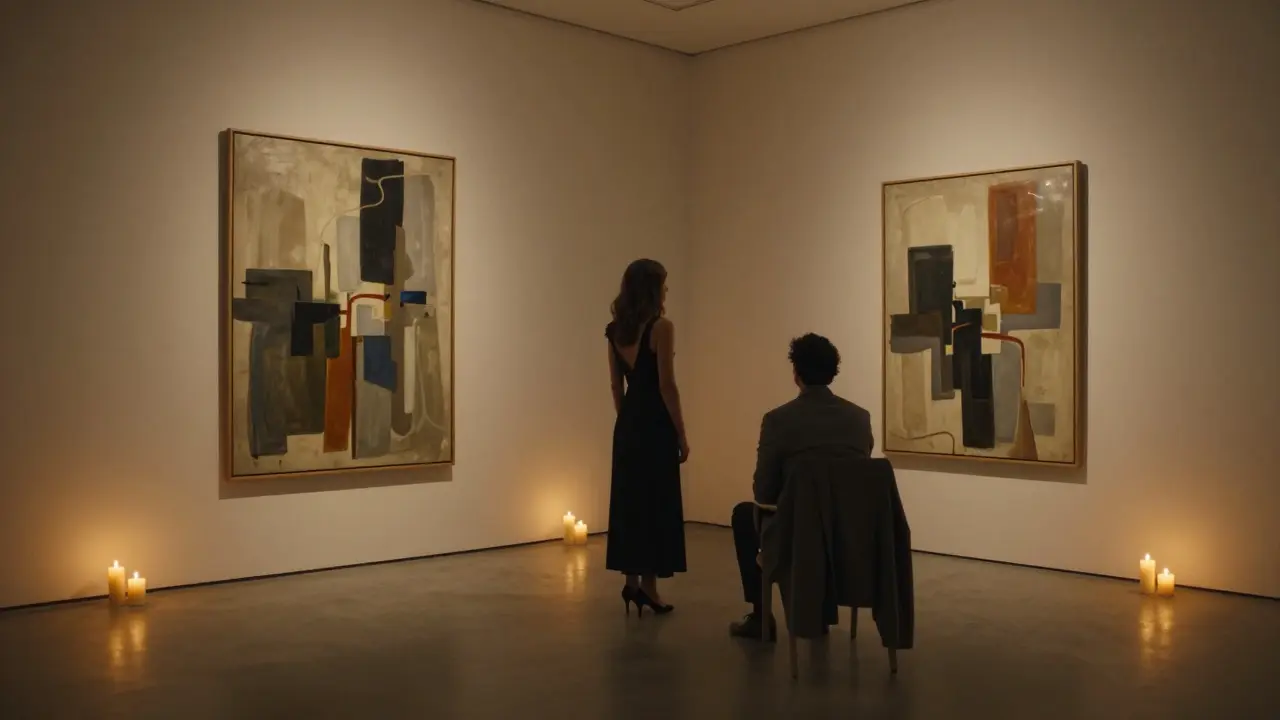 A woman standing before abstract art in a private gallery, a man's coat on a chair nearby.