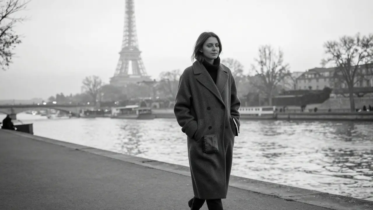 A woman walking alone along the Seine at dawn, peaceful and unobserved, carrying only a journal.