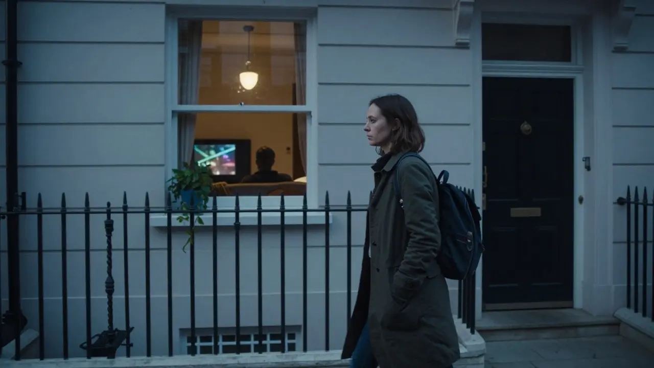 A woman walks away from a lonely apartment as light glows from a window where someone sits alone.