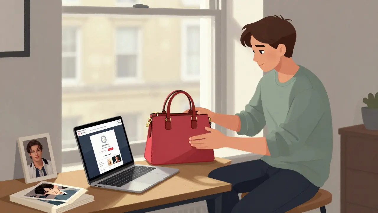 A young person receiving a luxury gift in a Camden apartment, surrounded by personal items, symbolizing a sugar relationship.