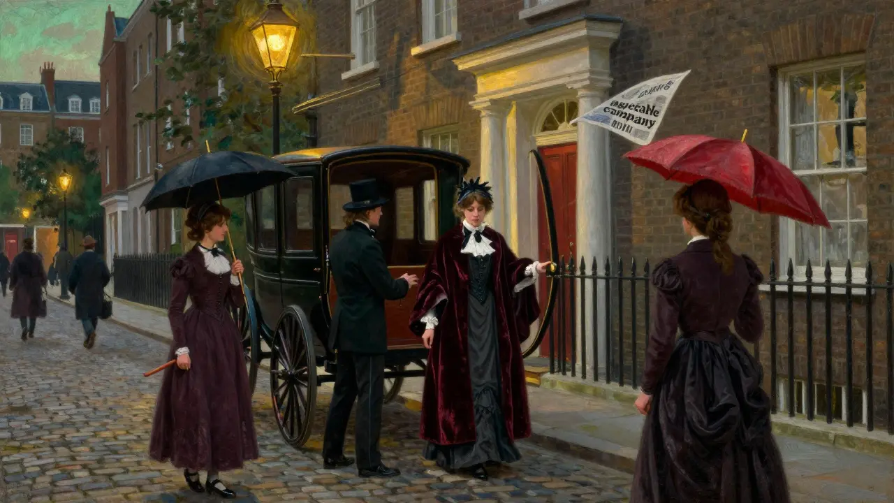 An 18th-century madam exits her townhouse in Soho as a carriage waits under gas lamps.