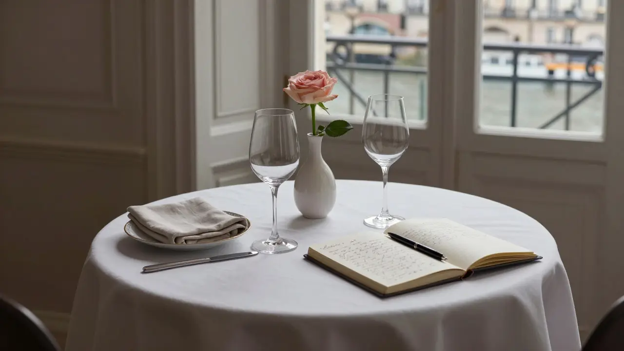 An elegantly set dining table with a single rose and untouched wine glass, conveying silent intimacy.