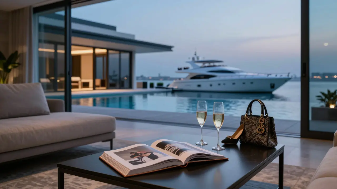 An empty luxury villa terrace with champagne flutes and a yacht outside, suggesting a discreet encounter.