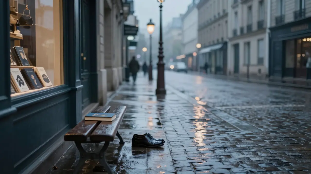 An empty Paris bench at dawn holds a book and shoes, symbolizing a fleeting, meaningful human connection.