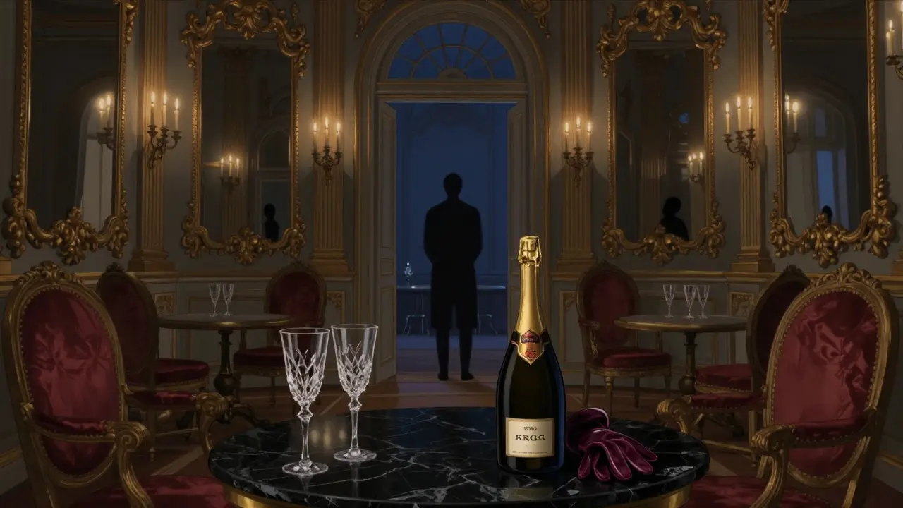 An exclusive lounge inside a grand palace with champagne, velvet, and shadowed figures suggesting hidden VIP access.