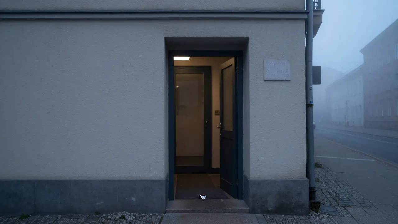 An unmarked hotel entrance on a misty Berlin street at dawn, no signs or cameras.