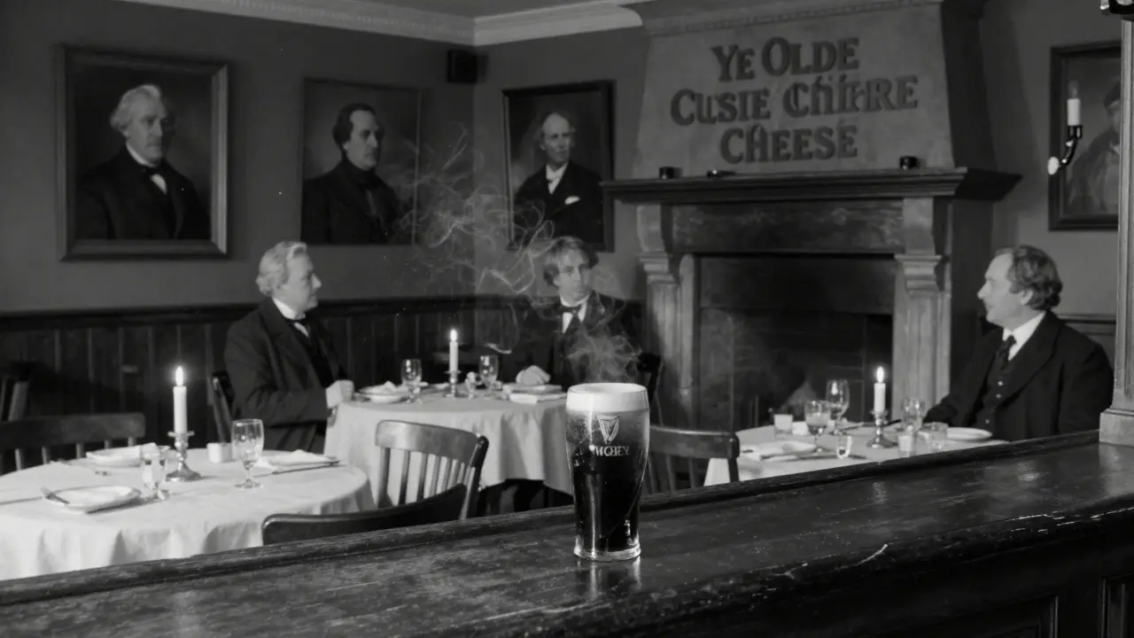 Candlelit literary pub with portraits and oak bar, a glass of Guinness on the counter in vintage style.