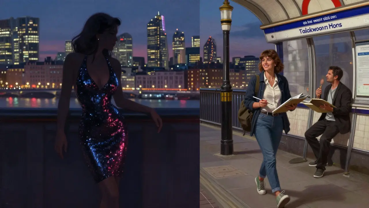 Contrasting images of stereotypical vs. real escort life against London’s skyline at twilight.