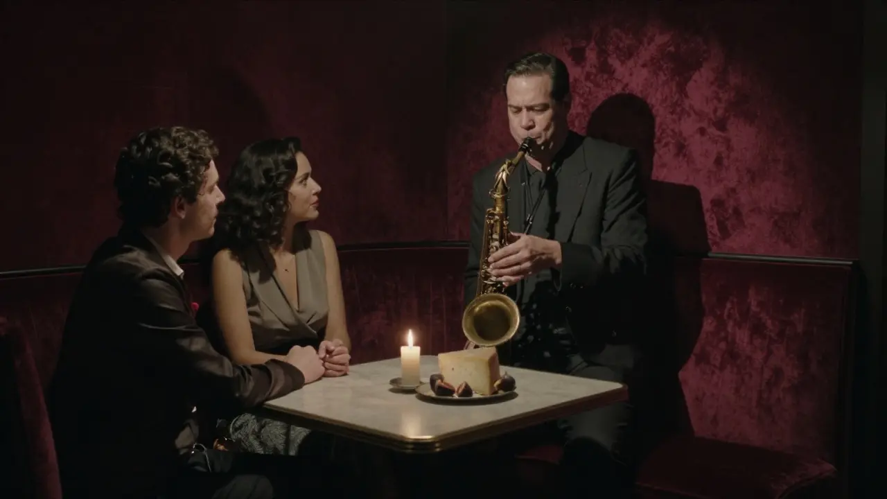 Couple listening to jazz in dim candlelit club with saxophonist