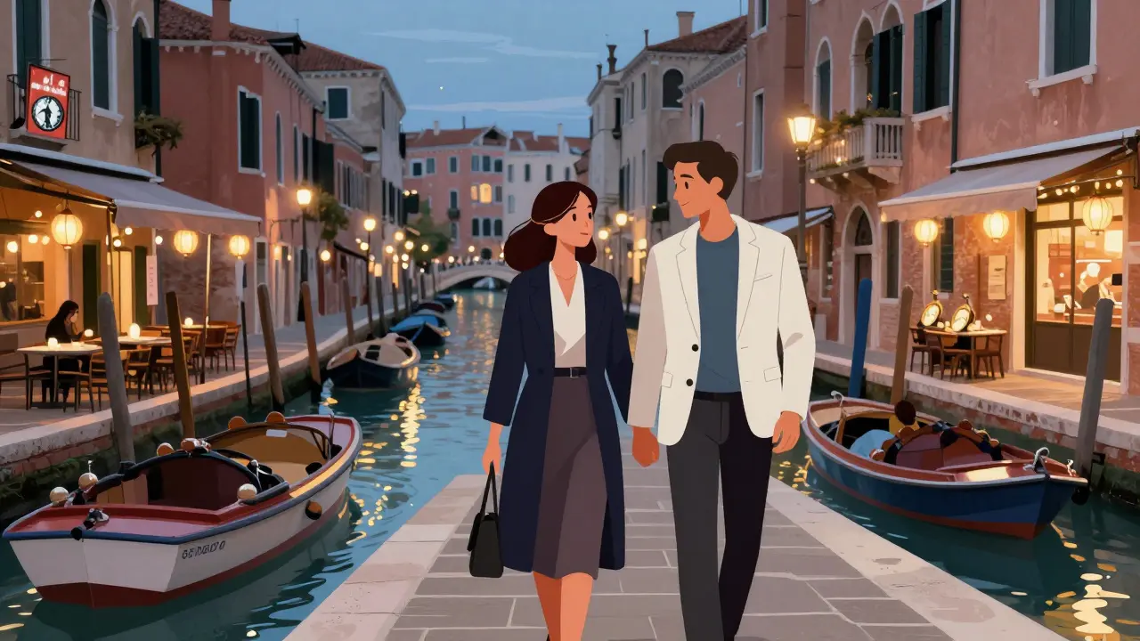 Couple strolling along Navigli canals at twilight, lanterns reflecting on water, city lights in background.