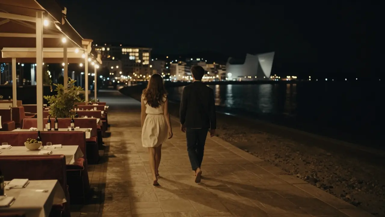 Couples walking barefoot along lit promenade with glowing sea