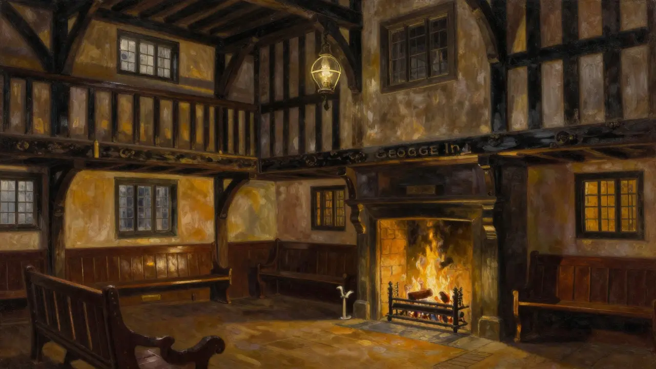 Cozy 17th-century pub interior with wooden beams and firelight, no people, only quiet atmosphere.