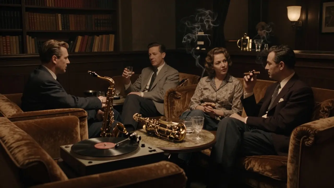 Cozy basement jazz bar with velvet couches, vinyl record spinning, and smoke-filled quiet conversation.