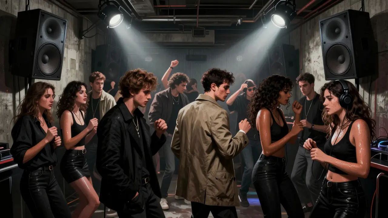 Crowd dancing in a gritty underground club with intense lighting and bass vibrations.