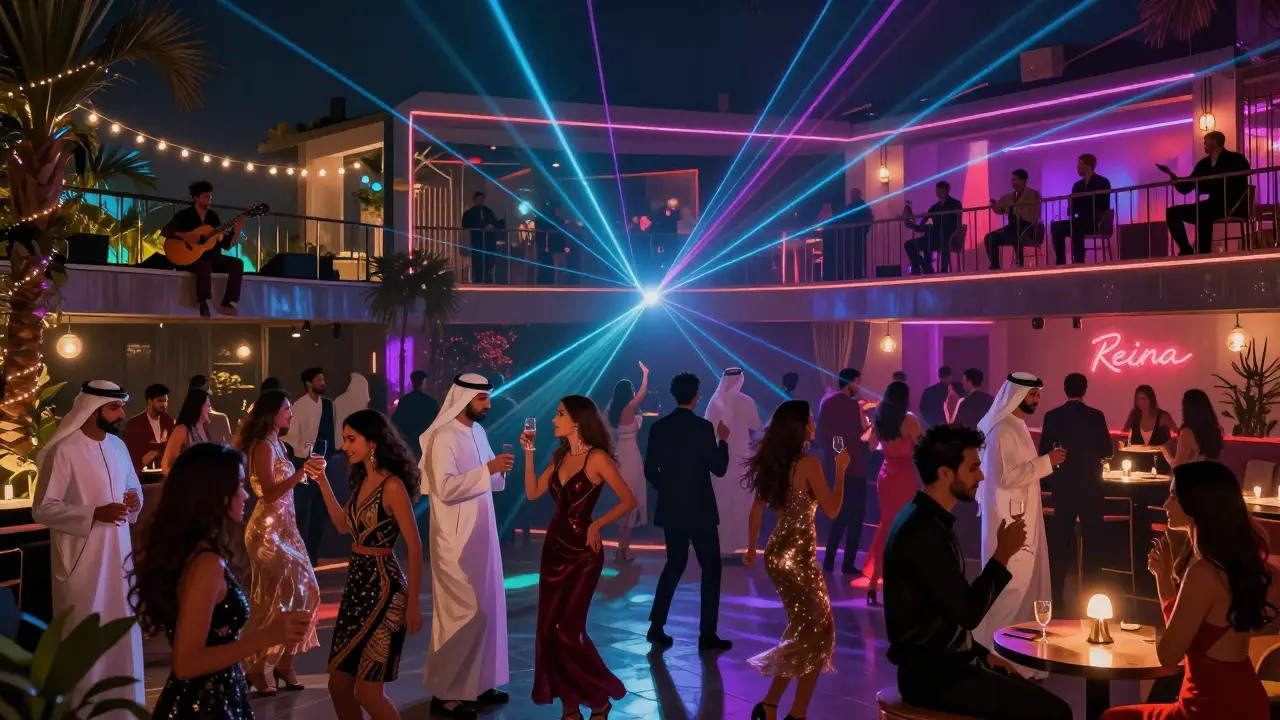 Crowd dancing in a vibrant nightclub with live oud music and neon lights above a rooftop garden.
