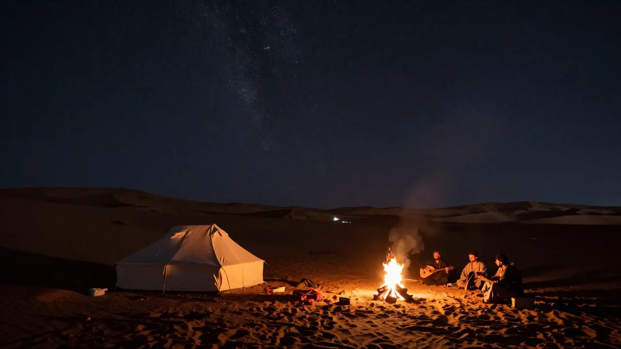 Desert camp under starry night with bonfire and traditional music under silent dunes.