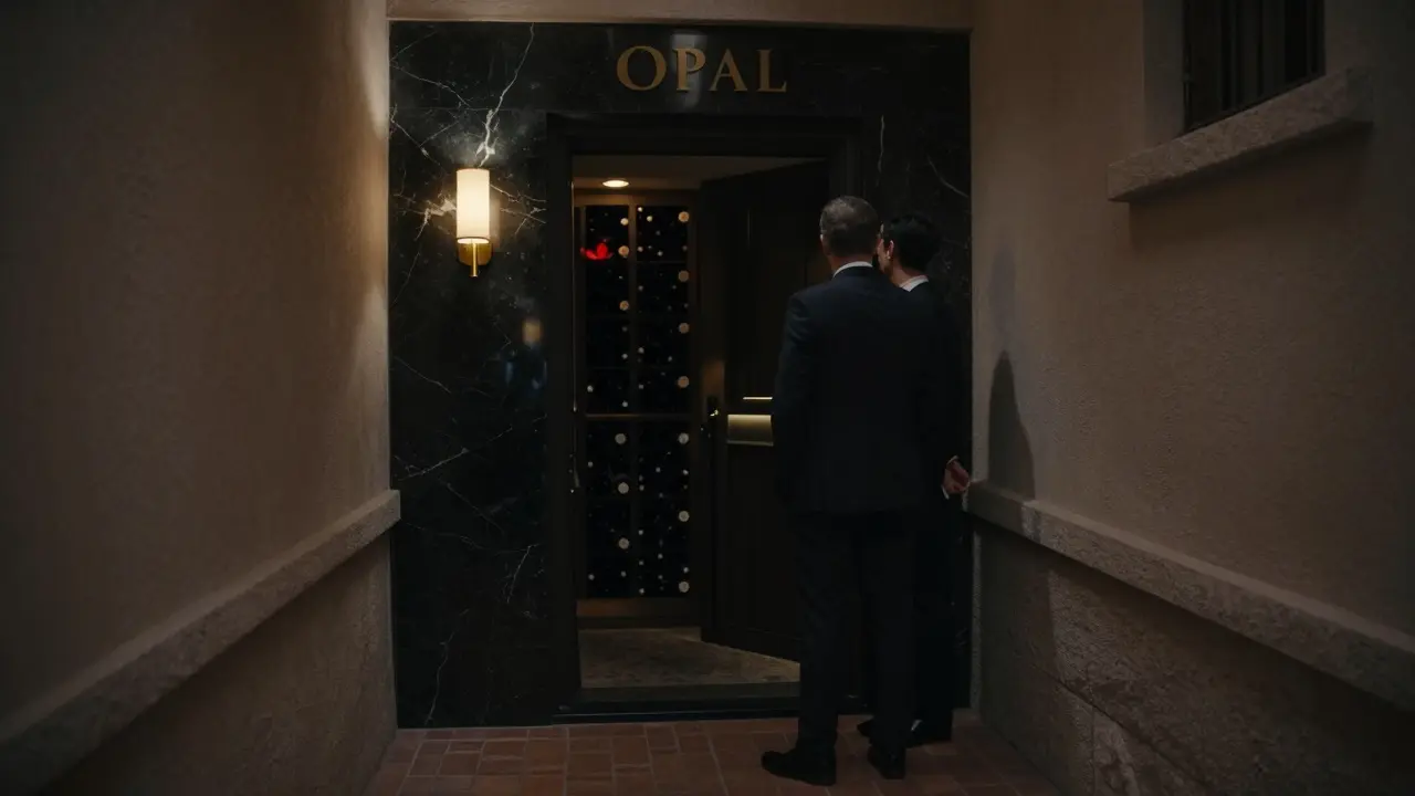 Discreet entrance to an exclusive nightclub hidden behind a wine cellar, with soft lighting and no visible signage.
