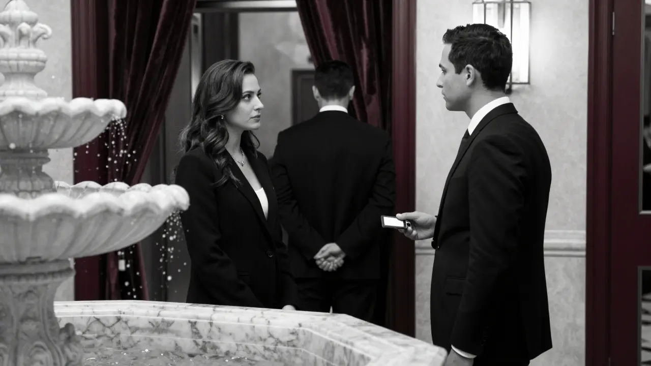 Discreet meeting in a luxury hotel lobby, keycard in hand, elevator curtain slightly open.