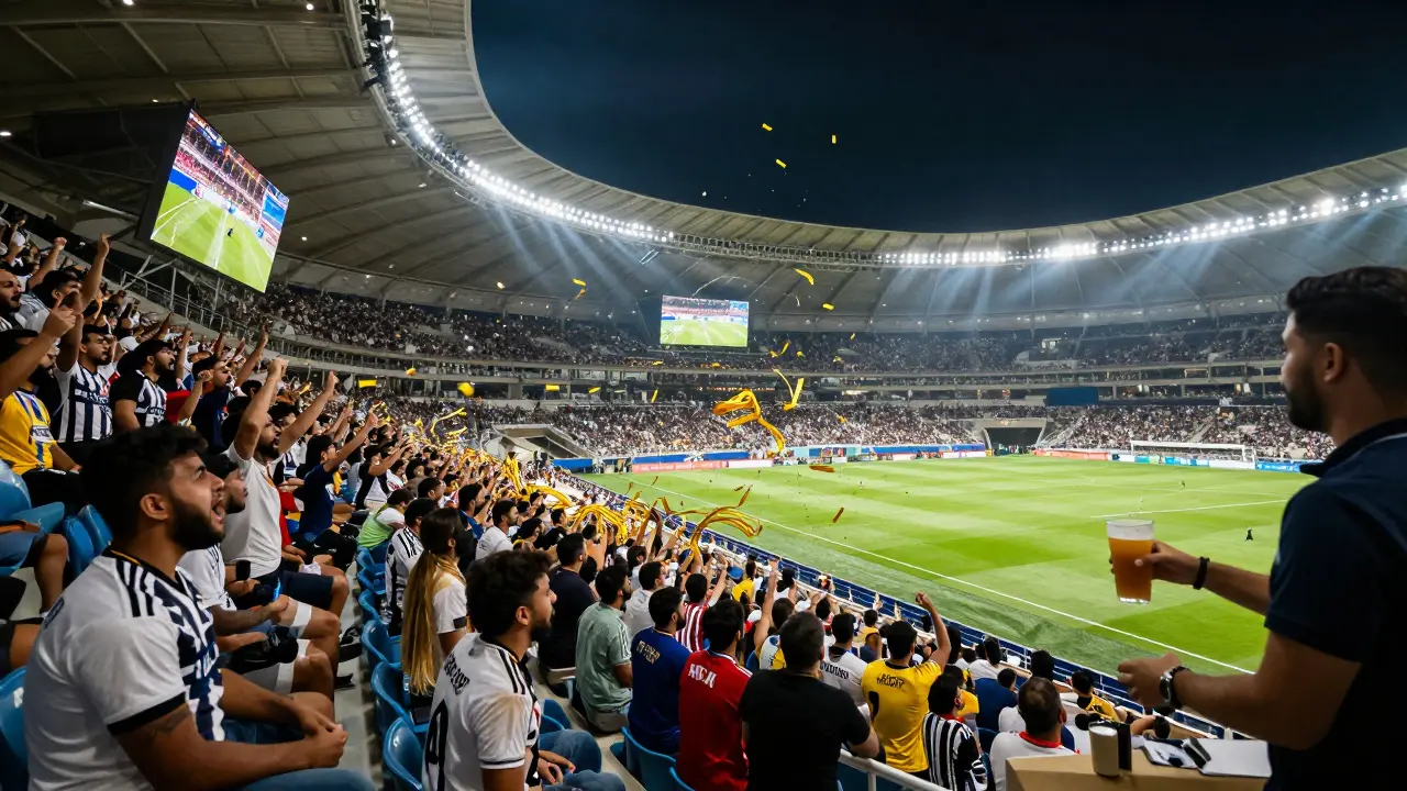 Diverse fans celebrating a soccer goal at The Pitch with tiered seating and stadium lighting.